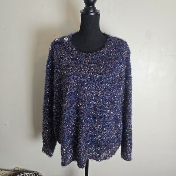 Lane Bryant Sweater Size 22/24 Crew Neck Tinsel Eyelash Festive Party Stretch - Picture 3 of 11
